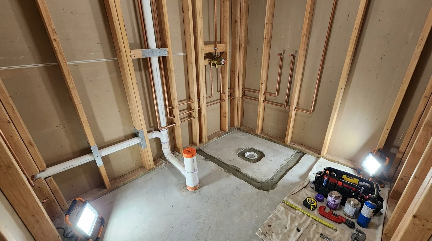 Bathroom rough-in plumbing during remodel by Johns Plumbing LLC in Three Oaks