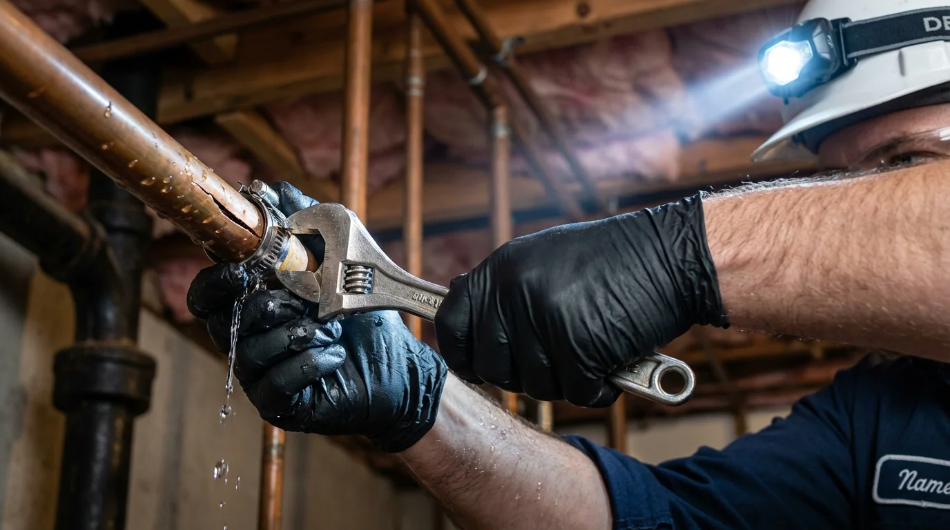 Emergency pipe clamp repair being performed by a Johns Plumbing LLC plumber in Three Oaks