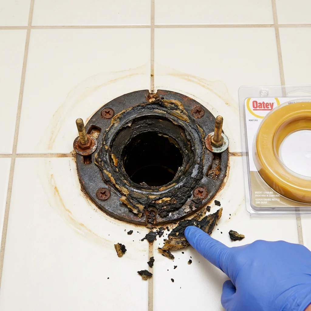 Failed wax ring showing water seepage at the base of a toilet in a Three Oaks, MI home