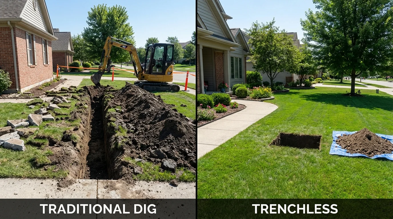 Trenchless sewer repair with minimal yard damage versus traditional excavation in Three Oaks, MI
