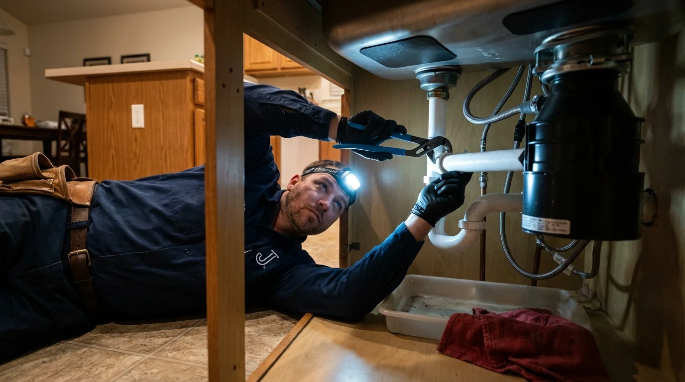 P-trap and supply line connections under a kitchen sink showing a common leak point in Three Oaks, MI